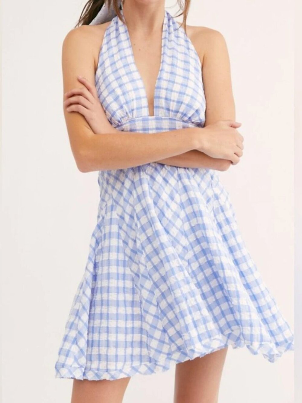 NWT Free People Do The Twist Gingham Halter Mini Dress Blue Size 0
